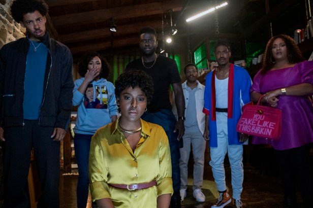 Melvin Gregg as King, Grace Byers as Allison, Antoinette Robertson as Lisa, Sinqua Walls as Nnamdi, Jermaine Fowler as Clifton, Dewayne Perkins as Dewayne, and Xochitl Mayo as Shanika in the horror-comedy "The Blackening." (Glen Wilson photo)