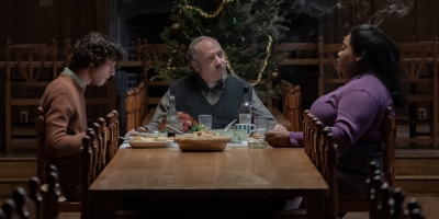 Dominic Sessa stars as Angus Tully, Paul Giamatti as Paul Hunham, and Da’Vine Joy Randolph as Mary Lamb in director Alexander Payne’s "The Holdovers."