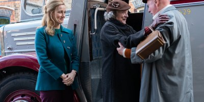 Niall Buggy as Tommy Fox greets Laura Linney as Chrissie and Maggie Smith as Lily Fox while they get off the bus in "The Miracle Club." (Jonathan Hession/Sony Pictures Classics).