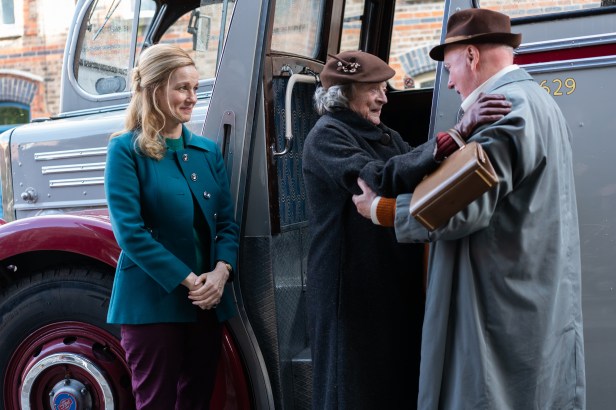 Niall Buggy as Tommy Fox greets Laura Linney as Chrissie and Maggie Smith as Lily Fox while they get off the bus in "The Miracle Club." (Jonathan Hession/Sony Pictures Classics).