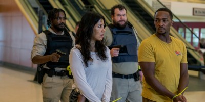 From left: Tahj Vaughans as Mike, Stephanie Beatriz as Quiet, Mike Mitchell as Stu, Anthony Mackie as John Doe in a scene from "Twisted Metal." (Skip Bolen/Peacock)