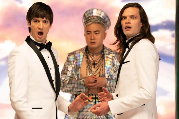 Josh Sharp, Bowen Yang, Aaron Jackson appear in a scene from "Dicks: The Musical." (Justin Lubin photo)
