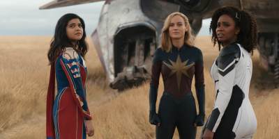 Iman Vellani as Ms. Marvel/Kamala Khan, Brie Larson as Captain Marvel/Carol Danvers, and Teyonah Parris as Captain Monica Rambeau in “The Marvels.” (Marvel Studios)