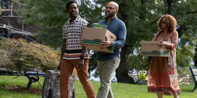 Sterling K. Brown, Jeffrey Wright, and Erika Alexander in writer/director Cord Jefferson’s "American Fiction." (Claire Folger/Orion Releasing)