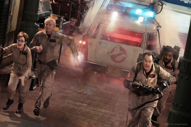 From left, Annie Potts, Bill Murray, Dan Aykroyd and Ernie Hudson in “Ghostbusters: Frozen Empire.” (Jaap Buitendijk/Sony Pictures Entertainment/Columbia Pictures)