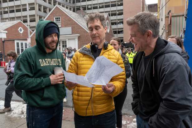 Casey Affleck, director Doug Liman, and Matt Damon on the Boston set of "The Instigators." (Photo from Apple TV+)