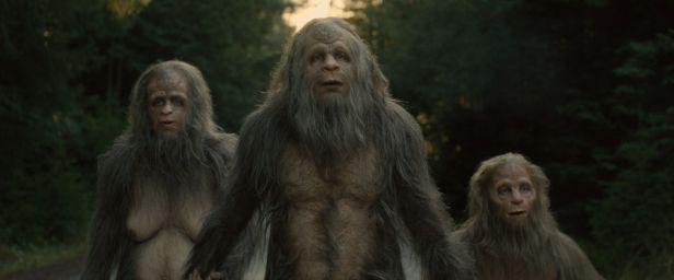 Riley Keough, Jesse Eisenberg, and Christophe Zajack-Denekin in a scene from “Sasquatch Sunset.” (Bleecker Street)