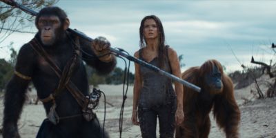 Noa (Owen Teague), Mae (Freya Allan) and Raka (Peter Macon) in a scene from “Kingdom of the Planet of the Apes.” (20th Century Studios)