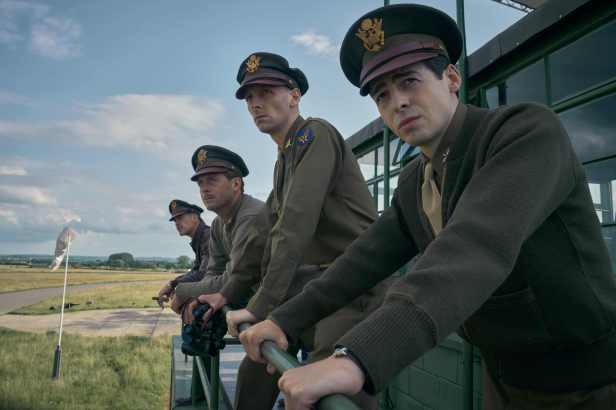 Appearing in "Masters of the Air" are, from left, James Murray as Col. Chick Harding, Stephen Campbell Moore as Marvin 'Red' Bowman, Edward Ashley as Major Jack Kidd, and Anthony Boyle as Lt. Harry Crosby in "Masters of the Air." (Photo from Apple TV+)