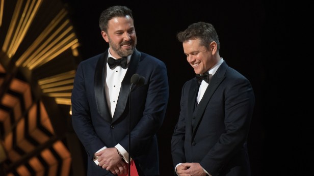Ben Affleck and Matt Damon onstage at the 89th Oscars February 26, 2017. (Todd Wawrychuk/A.M.P.A.S.)