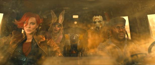 Cate Blanchett as Lilith, Ariana Greenblatt as Tiny Tina, Florian Munteanu as Krieg, and Kevin Hart as Roland in "Borderlands." (Lionsgate)