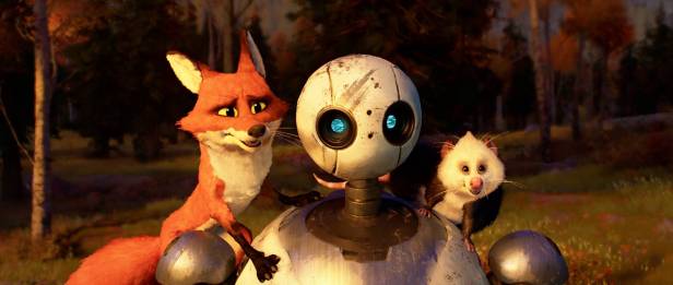 Fink (Pedro Pascal), Roz (Lupita N’yongo), and Pinktail (Catherine O’Hara) in "Wild Robot," directed by Chris Sanders. (Universal Pictures/DreamWorks Animation)