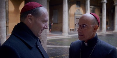 Ralph Fiennes as Cardinal Lawrence and Stanley Tucci as Cardinal Bellini in director Edward Berger's "Conclave. (Photo from Focus Features)