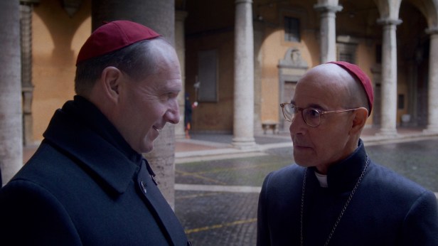 Ralph Fiennes as Cardinal Lawrence and Stanley Tucci as Cardinal Bellini in director Edward Berger's "Conclave. (Photo from Focus Features)