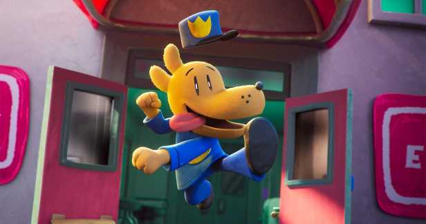 Dog Man, voiced by Peter Hastings in a scene from "Dog Man." (DreamWorks)