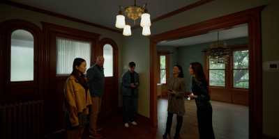 Callina Liang (Chloe), Chris Sullivan (Chris), Eddy Maday (Tyler), Lucy Liu (Rebekah), and Julia Fox (Cece) in “Presence,” directed by Steven Soderbergh. (Peter Andrews)