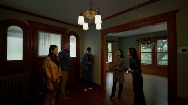 Callina Liang (Chloe), Chris Sullivan (Chris), Eddy Maday (Tyler), Lucy Liu (Rebekah), and Julia Fox (Cece) in “Presence,” directed by Steven Soderbergh. (Peter Andrews)