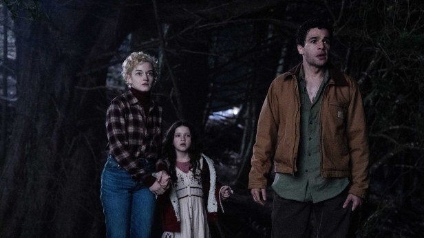 Charlotte (Julia Garner), Ginger (Matilda Firth) and Blake (Christopher Abbott) in "Wolf Man," directed by Leigh Whannell. (Nicola Dove/Universal Pictures)