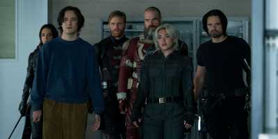 Ghost (Hannah John-Kamen), Bob (Lewis Pullman), John Walker (Wyatt Russell), Alexei Shostakov/Red Guardian (David Harbour), Yelena Belova (Florence Pugh) and Bucky Barnes (Sebastian Stan) in a scene from “Thunderbolts*.”. (Chuck Zlotnick/Marvel).