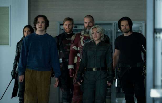 Ghost (Hannah John-Kamen), Bob (Lewis Pullman), John Walker (Wyatt Russell), Alexei Shostakov/Red Guardian (David Harbour), Yelena Belova (Florence Pugh) and Bucky Barnes (Sebastian Stan) in a scene from “Thunderbolts*.”. (Chuck Zlotnick/Marvel).