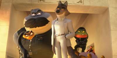 Mr. Snake (Marc Maron), Mr. Shark (Craig Robinson), Mr. Wolf (Sam Rockwell), Mr. Piranha (Anthony Ramos) and Ms. Tarantula (Awkwafina) in "The Bad Guys 2," (Universal Pictures/DreamWorks Animation)