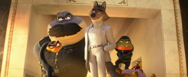 Mr. Snake (Marc Maron), Mr. Shark (Craig Robinson), Mr. Wolf (Sam Rockwell), Mr. Piranha (Anthony Ramos) and Ms. Tarantula (Awkwafina) in "The Bad Guys 2," (Universal Pictures/DreamWorks Animation)