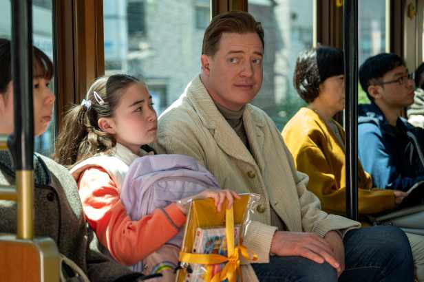 Shannon Gorman and Brendan Fraser in "Rental Family." (James Lisle/Searchlight Pictures)