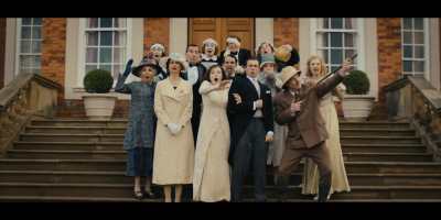 Sue Johnston, Katherine Waterston, Tim McMullan, Thomasin McKenzie, Nathan McMullen, Ben Radcliffe, Damian Lewis, and Emma Laird in "Fackham Hall." (Bleecker Street)