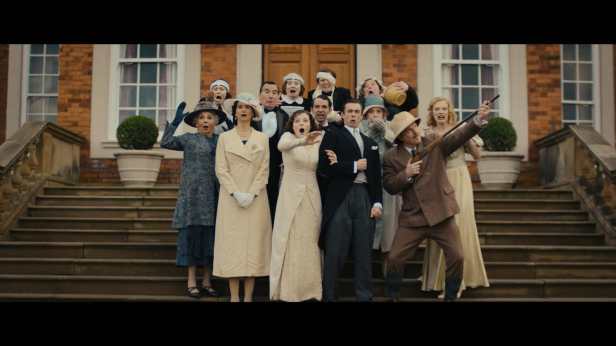 Sue Johnston, Katherine Waterston, Tim McMullan, Thomasin McKenzie, Nathan McMullen, Ben Radcliffe, Damian Lewis, and Emma Laird in "Fackham Hall." (Bleecker Street)