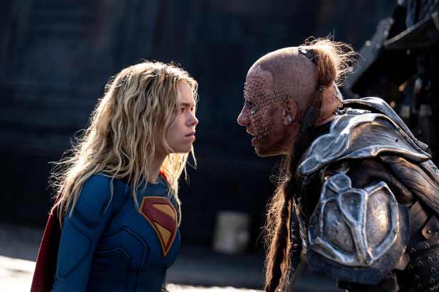 Milly Alcock as Supergirl and Matthias Schoenaerts as Krem. (Parisa Taghizadeh/Warner Bros. Pictures)